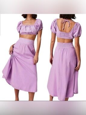Free People Lotus 2 Piece Set NWT Orchid Size Large Cotton Crop Top & Skirt Set